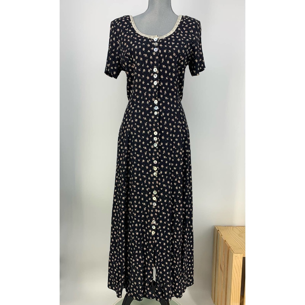Vintage Decked Out Womens 6 8 Black Ditsy Floral Daisy Button Front Midi Dress